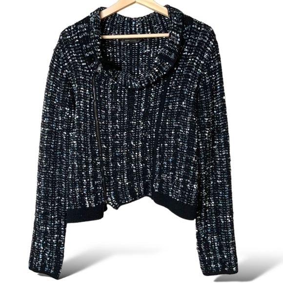 BCBGMAXAZRIA 100% Cotton Reeve Moto Cardigan Boucle Tweed Cropped Jacket Sz S - Picture 3 of 10